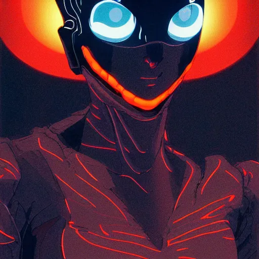 Prompt: bladerunner women wearing a black or orange jumpsuit and a biomechanical mask with glowing eyes in the style of akira, dynamic pose, smooth, sharp focus, hat lines, filmgrain, zeiss lens, 9 0 s anime,