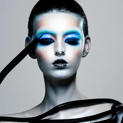 Prompt: high fashion photography of a model in neo futurism white sci - fi makup, be headset, transparent cloth, beautifully lit