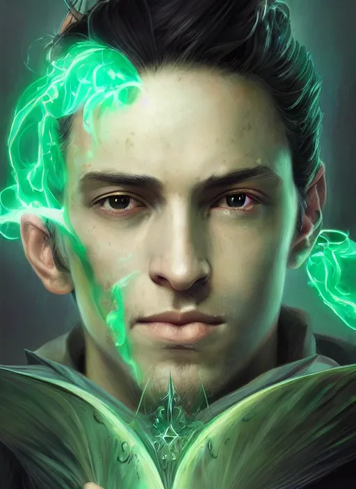 Prompt: character concept portrait of an extremely handsome young Spanish wizard with green eyes and powder-green skin conjuring a cosmic spell, a floating iridescent spell book in the center, intricate, elegant, digital painting, concept art, smooth, sharp focus, illustration, from Metal Gear, by Ruan Jia and Mandy Jurgens and William-Adolphe Bouguereau, Artgerm