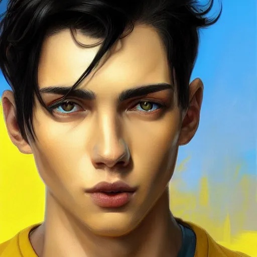 Image similar to ultra realistic illustration, a young man with black hair, in a yellow t - shirt, with blue eyes, highly detailed, digital painting, artstation, concept art, smooth, sharp focus, illustration, art by artgerm and greg rutkowski and alphonse mucha