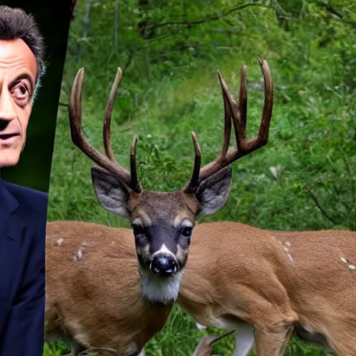 Prompt: trail cam footage of Nicolas Sarkozy sat on a deer