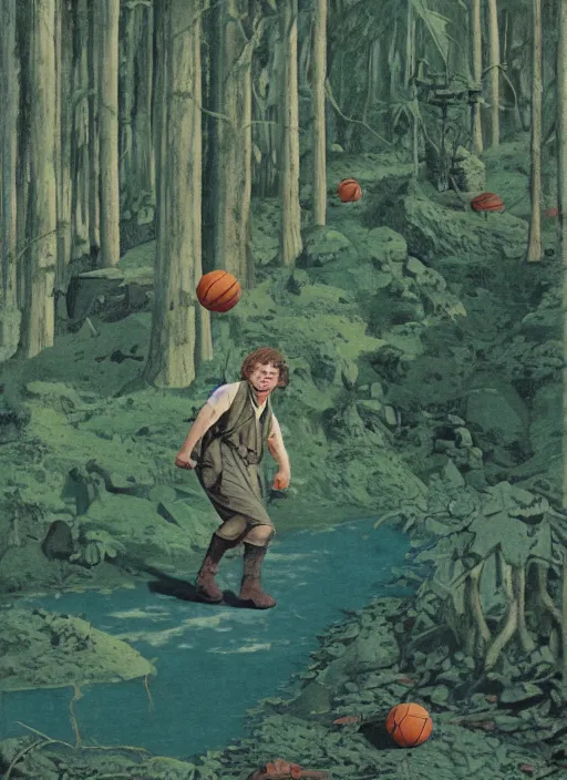 Image similar to a hobbit wearing hiking boots and teal gloves playing basketball in a forest, by chesley bonestell