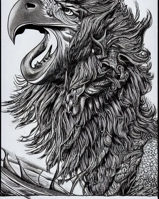 Image similar to a creature with the body and eyes of a man, with the beak of an eagle, the mane of a lion, and the horns of an ox. drawn by moebius