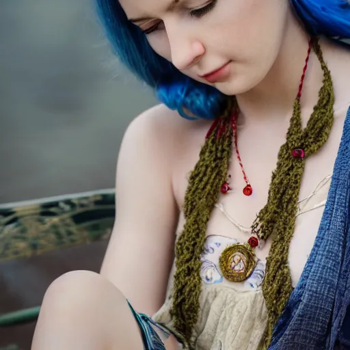 Image similar to dslr photo of a pretty young woman, full bodied portrait, with blue hair, sitting on a bench wearing a flower skirt, and body and wearing hemp sandals and a very detailed ruby necklace around neck, artgerm, artstation, very high quality face, intricate details, extremely high quality, moody lighting, real camera, real photo, 8 k, full subject in shot