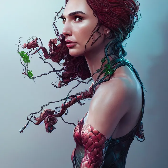 Prompt: portrait of Gal Gadot as a Poison Ivy. intricate artwork. by Tooth Wu, wlop, beeple, dan mumford. octane render, trending on artstation, greg rutkowski very coherent symmetrical artwork. cinematic, hyper realism, high detail, octane render, 8k