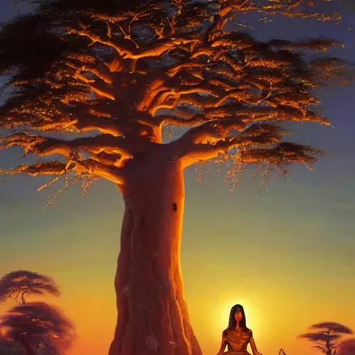 Prompt: a stunning aftican woman with a golden glow meditating in an african zen garden with a baobab tree at sunset, by greg rutkowski and thomas kinkade, oil on canvas