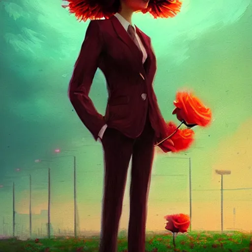 Image similar to closeup, huge rose flower head, frontal, a girl in a suit, surreal photography, sunrise, dramatic light, impressionist painting, digital painting, artstation, simon stalenhag