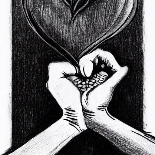 Prompt: drawing of hands ripping a heart into pieces, sadness, dark ambiance, concept by godfrey blow and banksy, featured on deviantart, sots art, lyco art, artwork, photoillustration, poster art