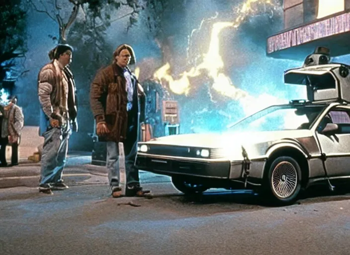 Prompt: screenshot from the iconic scene from the lost Back to the Future film directed by Martin Scorsese, cinematic lighting, unsettling set design with extreme detail, moody cinematography, with anamorphic lenses, crisp, detailed, 4k image, starring Marty Mcfly