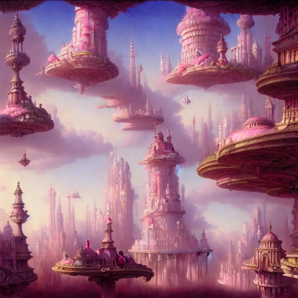 Prompt: a beautiful render of pink and white city in the air, by hubert robert, daniel merriam, roger dean and jacek yerka, alex grey style, soft lighting,, overdimensional
