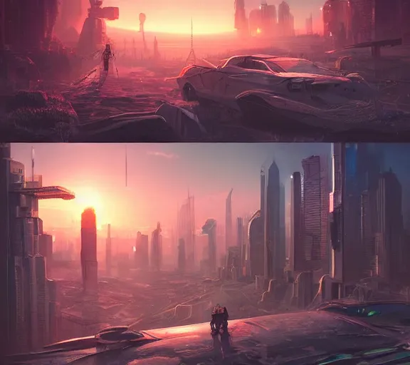 Image similar to cyberpunk fantasy world with beautiful sunse, amazing digital art, trending on artstation