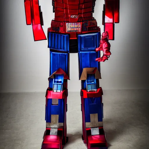 Image similar to A man dressed as Optimus prime, 8k, digital photograph