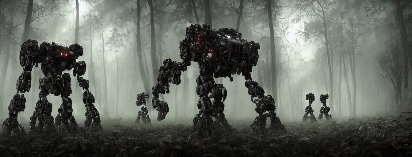 Prompt: image of deep forest, where terrific and creepy gigantic 8 - leg mechwarriors robots with volumetric lights, running and hunting remaining hiding humans, post - apocalyptic style, high detail, dramatic moment, motion blur, ground fog, dark atmosphere, saturated colors, by james paick, render unreal engine - h 7 0 4