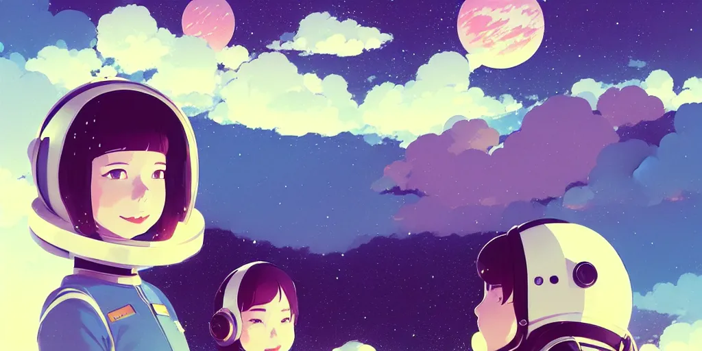 Image similar to portrait of a smiling girl in astronaut helmets by ilya kuvshinov, cloudy sky background lush landscape ln illustration concept art anime key visual trending pixiv by victo ngai fanbox by greg rutkowski makoto shinkai takashi takeuchi studio ghibli