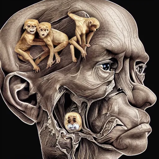 Prompt: human head with little monkeys inside it, digital art, hyper detailed