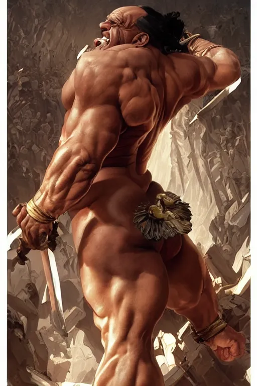 Image similar to hulking herculean barbarian danny devito, masterpiece, intricate, elegant, highly detailed, digital painting, artstation, concept art, smooth, sharp focus, illustration, art by artgerm and greg rutkowski and alphonse mucha and uang guangjian and gil elvgren and sachin teng, symmetry!!