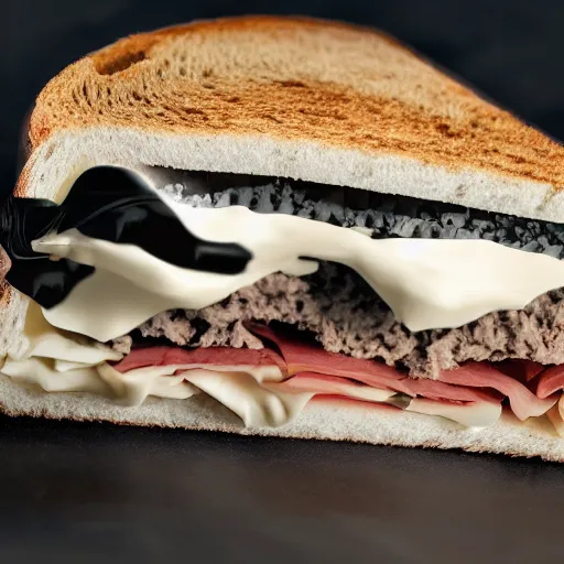 Prompt: close-up photograph of black and white cat inside sandwich, 4k footage