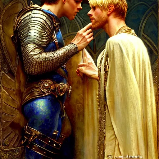 Image similar to stunning arthur pendragon in love with stunning male merlin the mage. they are close to each other. highly detailed painting by gaston bussiere, craig mullins, j. c. leyendecker