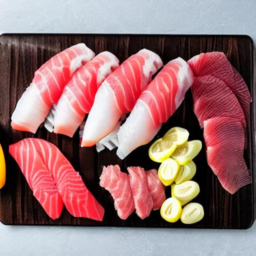 Image similar to digging board full of sashimi, sausages and hardboiled eggs