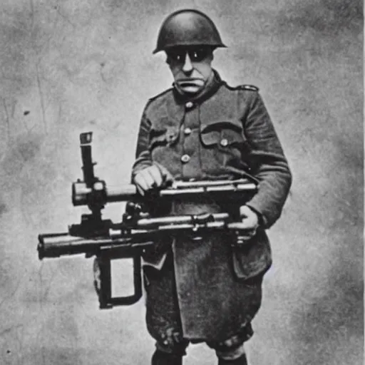 Image similar to old wartime photograph of homer simpson holding a lewis gun, 1 9 1 7