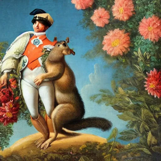 Image similar to a giant squirrel carrying napoleon bonaparte on its back, beach scene with flowers and foliage, detailed oil painting