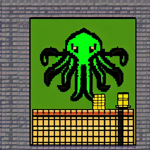 Prompt: cthulhu sleeping in a winery, pixel art