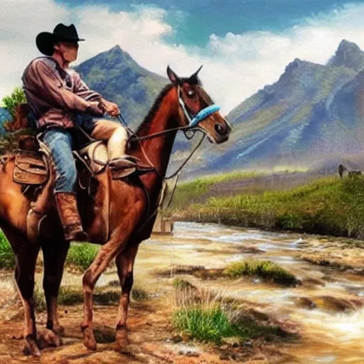 Image similar to hyper realistic painting in realism style of a cowboy on a horse crossing a river with mountains in the background