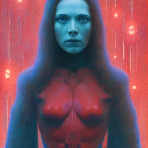 Image similar to Portrait Masterpiece, Wanda Maximoff, red, glowing, wires everywhere, by Edgar Maxence and Ross Tran, Zdzisław Beksiński, and Michael Whelan, distant, gustav dore, H.R. Giger, 8k, octane render