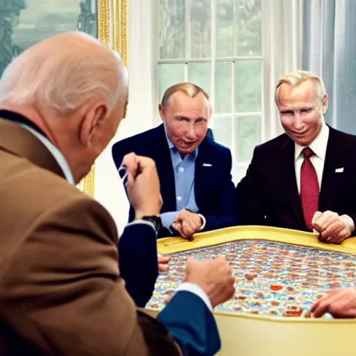 Image similar to UHD candid color photo of Putin, Klaus Schwab, and Biden playing poker, accurate faces, UHD, photorealistic, correct face, photo by Annie Leibowitz