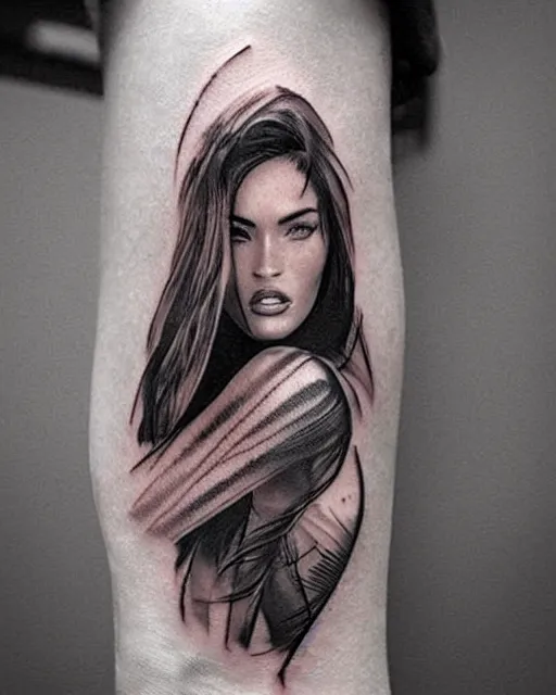 Image similar to creative double exposure effect tattoo design sketch of megan fox faded in beautiful mountain scenery, realism tattoo, in the style of matteo pasqualin, amazing detail, sharp