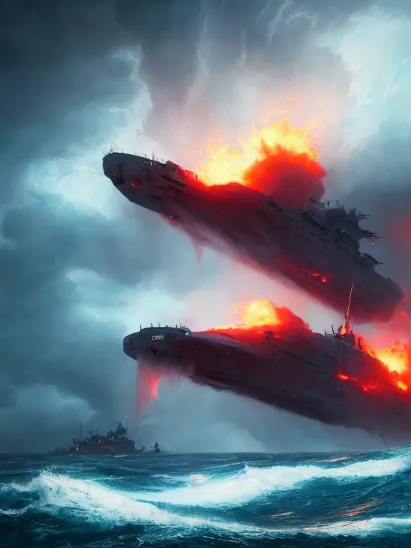 Image similar to photo of 8k ultra realistic burning battleship at sea, heavy storm, rain, large waves, full of colour, cinematic lighting, battered, trending on artstation, 4k, hyperrealistic, focused, extreme details,unreal engine 5, cinematic, masterpiece, art by Peter Mohrbacher