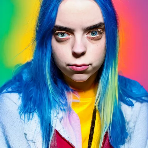 Image similar to Billie Eilish portrait, XF IQ4, f/1.4, ISO 200, 1/160s, 8K, Sense of Depth, color and contrast corrected, Nvidia AI, Dolby Vision, symmetrical balance, in-frame