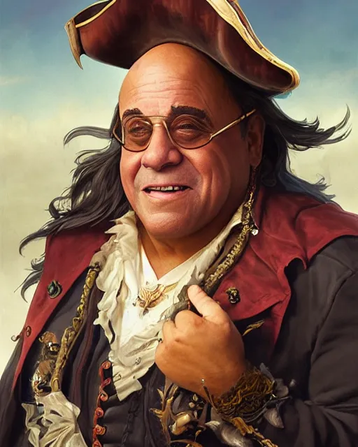 Image similar to portrait of danny devito as a pirate, highly detailed, digital painting, artstation, concept art, sharp focus, illustration, art by artgerm and greg rutkowski and alphonse mucha