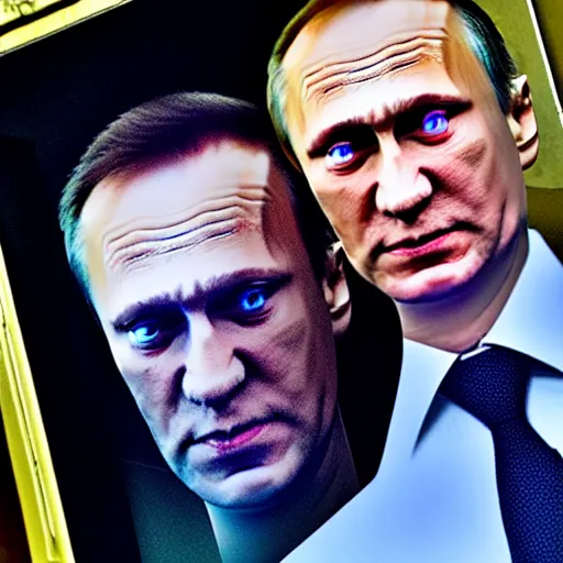 Image similar to alexey navalny takes a selfie, vladimir putin in coffin on the background, insane details, clear face and eyes, textured, 8 k, professional photography