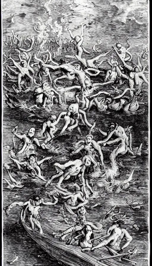 Image similar to man on boat crossing a body of water in hell with creatures in the water, sea of souls, by schizophrenia patient