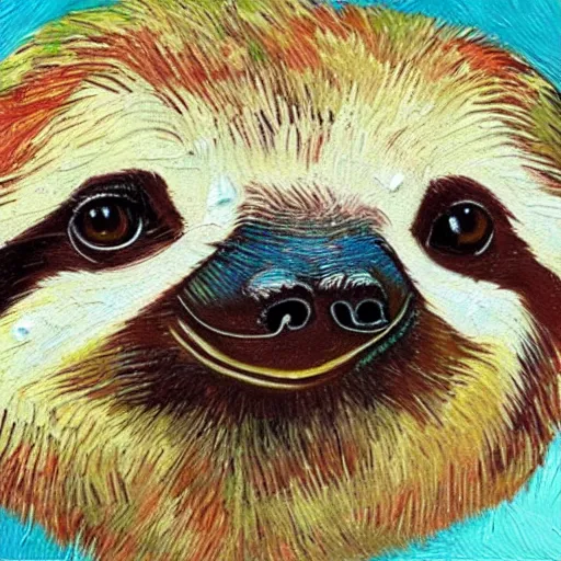 Image similar to a beautiful oil painting of a sloth's face in the style of van Gogh