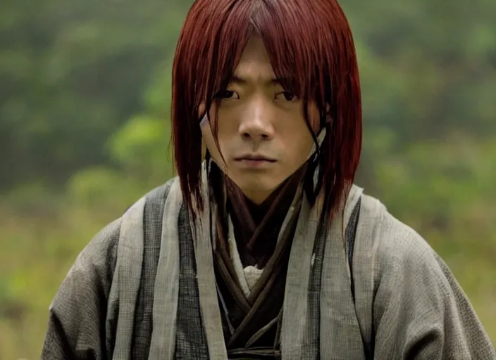 Prompt: movie still from Rurouni Kenshin, 2012, cinematic, Takeru Satoh replaced with asian black bear, epic