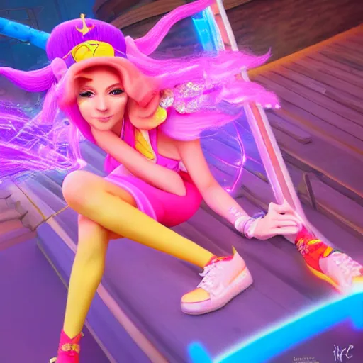 Image similar to Princess peach mixed with jinx from league of legends, dancing, background with neon lighting, raytrayced, octane render, epic composition, intricate details, hyper-realist, jetset radio style, by Alessandro Barbucci and Barbara Canepa