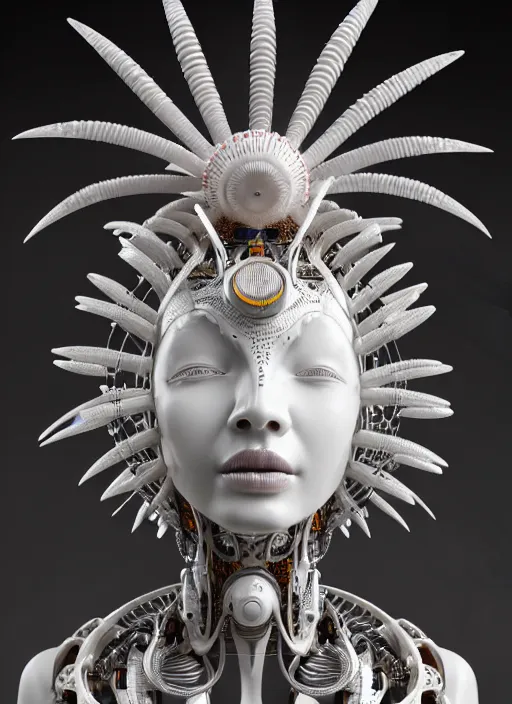 Prompt: hyper detailed ultra sharp portrait of a beautiful carved smooth porcelain fair cyborg warrior maasai woman, up close shot, sharp focus, global illumination, radiant rim light, biomechanical white silver gold rhizomorphs headdress, daisies, cyberpunk brackets, bubble mushrooms, puffballs, rhizomorphs, white mecha, octane highly render, 4 k