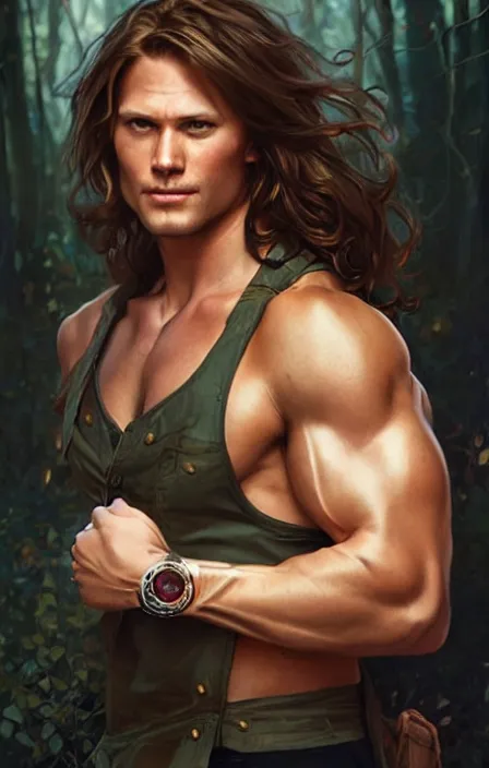 Image similar to photorealistic, canon eos 5 d mark iv, pretty muscular sam winchester as a character in romance book art design, character concept, sharp focus!, ultra detailed, art by artgerm alphonse mucha, wlop