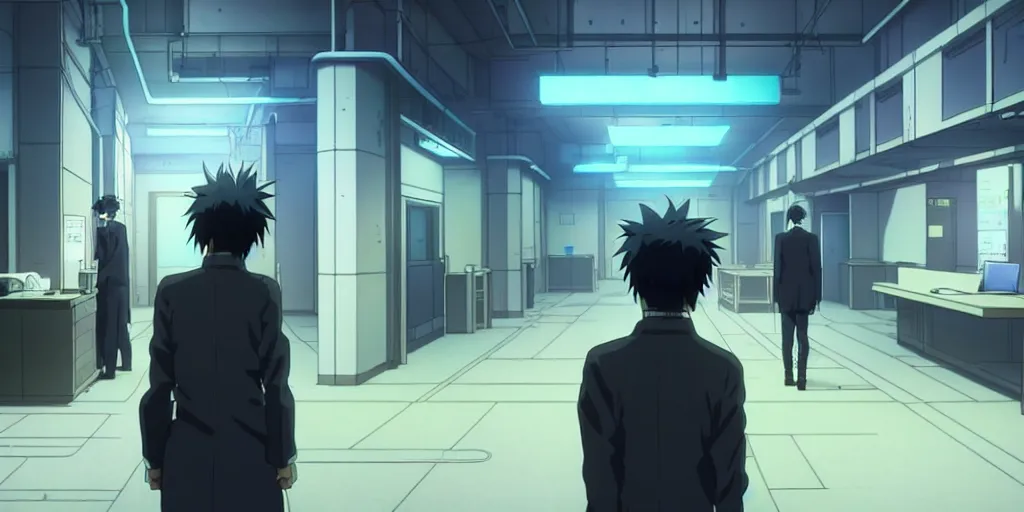 Image similar to an atmospheric empty quiet quiet after hours cyberpunk police office office in the cyberpunk neon noir anime film, Shichiro Kobayashi and makoto shinkai, screenshot in the anime series ergo proxy ergo proxy ergo proxy and Detroit metal city, interior