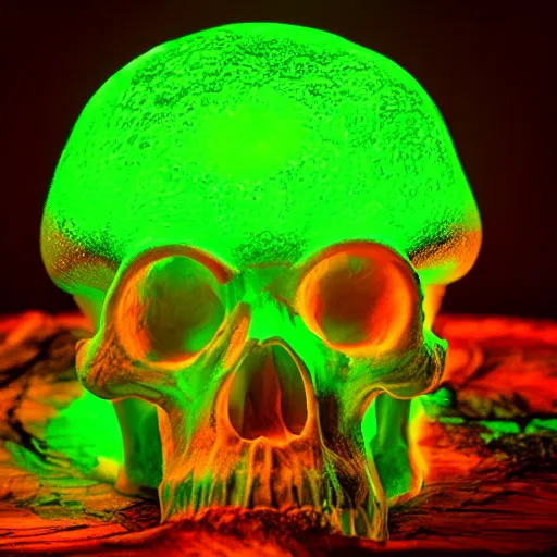 Image similar to Glowing green radioactive mushrooms are growing out of a skull, photo, dramatic lighting