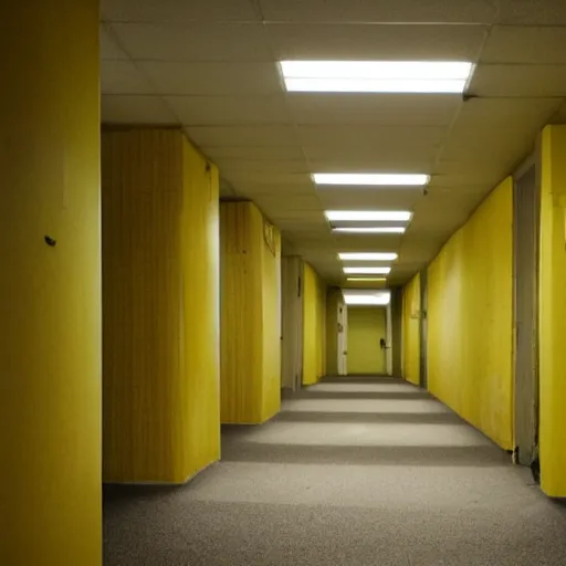 Image similar to Backrooms, old moist carpet, mono-yellow, fluorescent lights, randomly segmented rooms, eerie