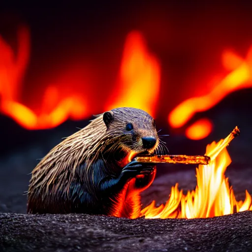 Prompt: wildlife photography of a beaver chewing down a bamboo shoot, surrounded by flames and lava, f / 1. 8, soft focus, 8 k, national geographic, award - winning photograph by nick nichols