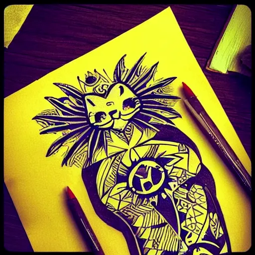 Prompt: tattoo sketch on yellow paperp, polynesian style, cat hugging the sun, maori