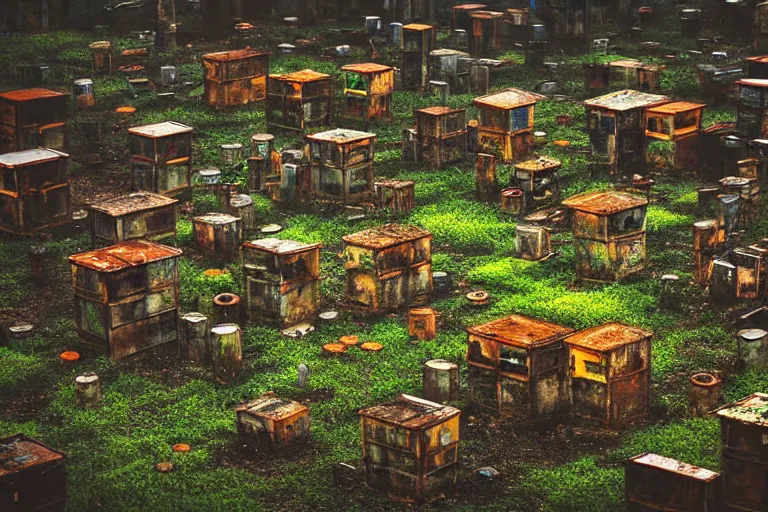 Image similar to simplicity, favela graveyard honeybee hive, fungal forest environment, industrial factory, cheerful, award winning art, epic dreamlike fantasy landscape, ultra realistic,