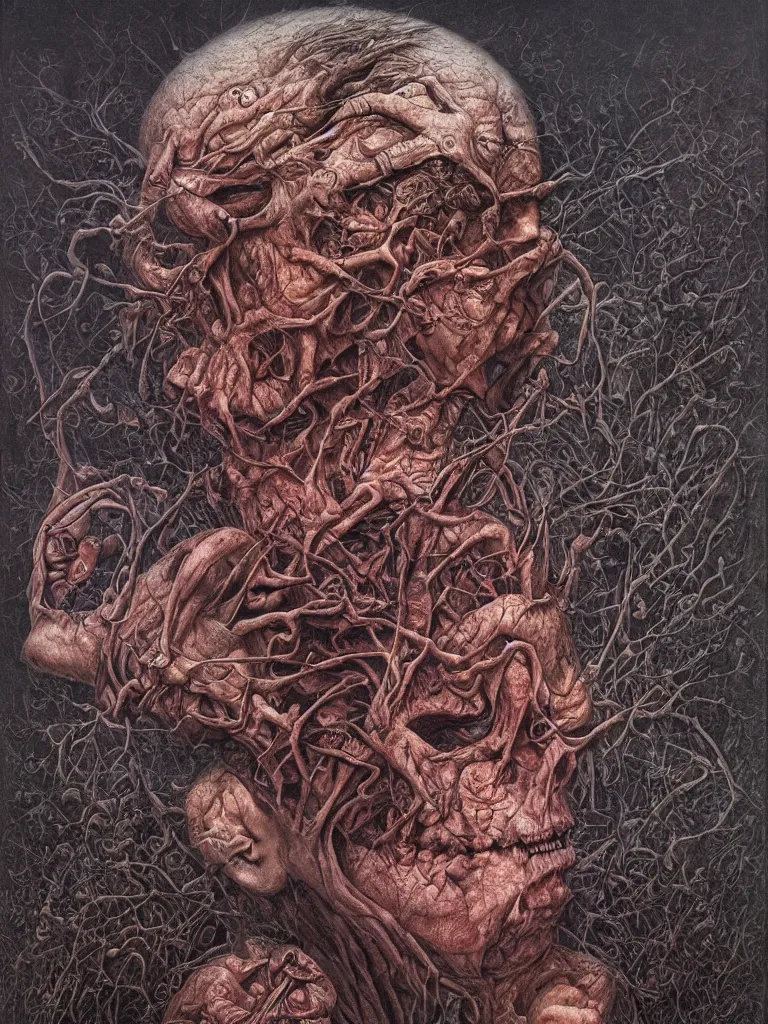 Image similar to a portrait of donald trump as a tumor by dan seagrave, wayne barlowe and zdzisław beksinski, front and center, intricate detail, surrealist, macabre, dark, horror, pain, suffering, death