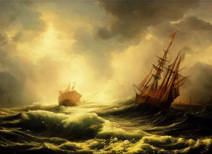 Prompt: a wooden ship on tumultuous waters, beautiful oil painting, volumetric lighting