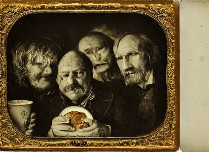 Image similar to old wetplate daguerreotype potato eaters by van gogh, fractal, intricate, elegant, highly detailed, parallax, leica, medium format, subsurface scattering, by jheronimus bosch and greg rutkowski and louis jacques mande daguerre