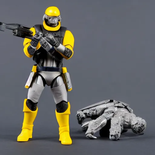 Prompt: a space soldier action figure with dark grey and yellow armor